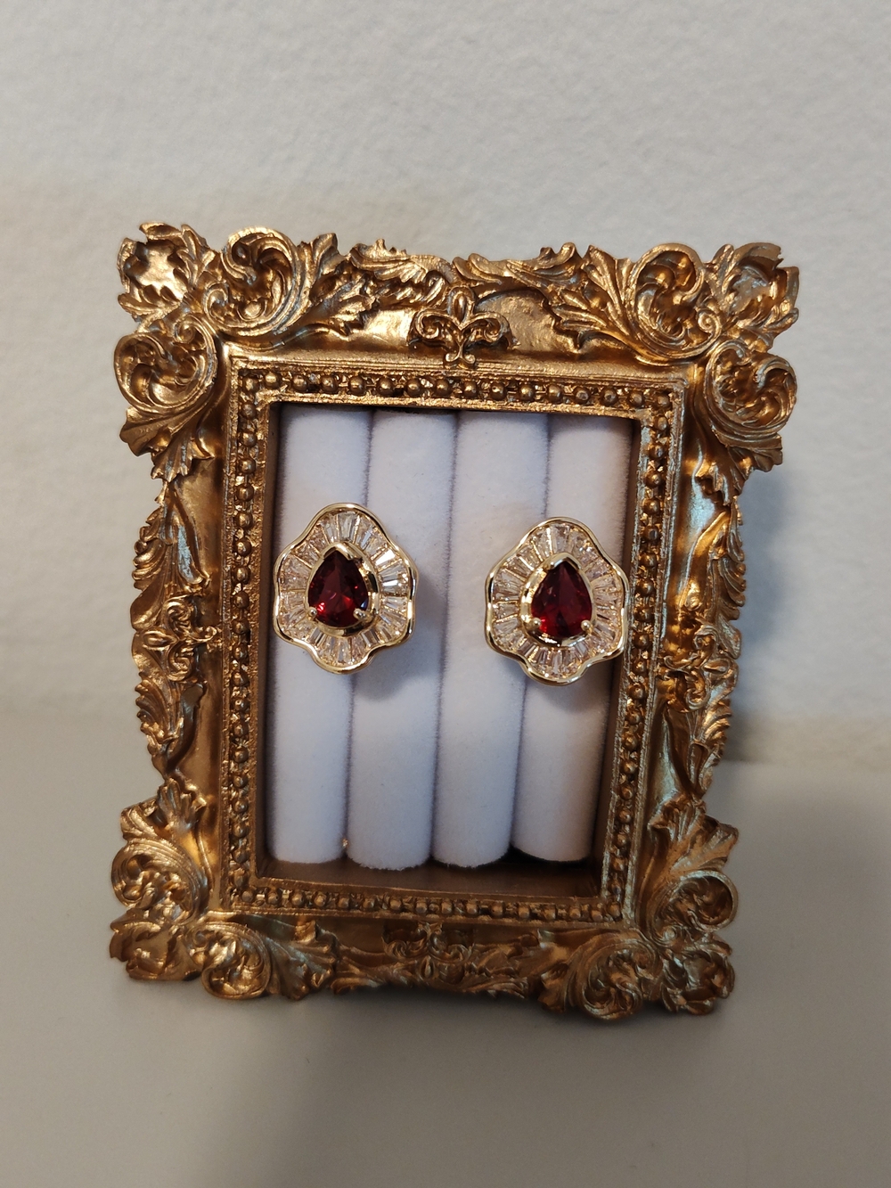 Gold-Tone Earrings with Red Teardrop Gemstone